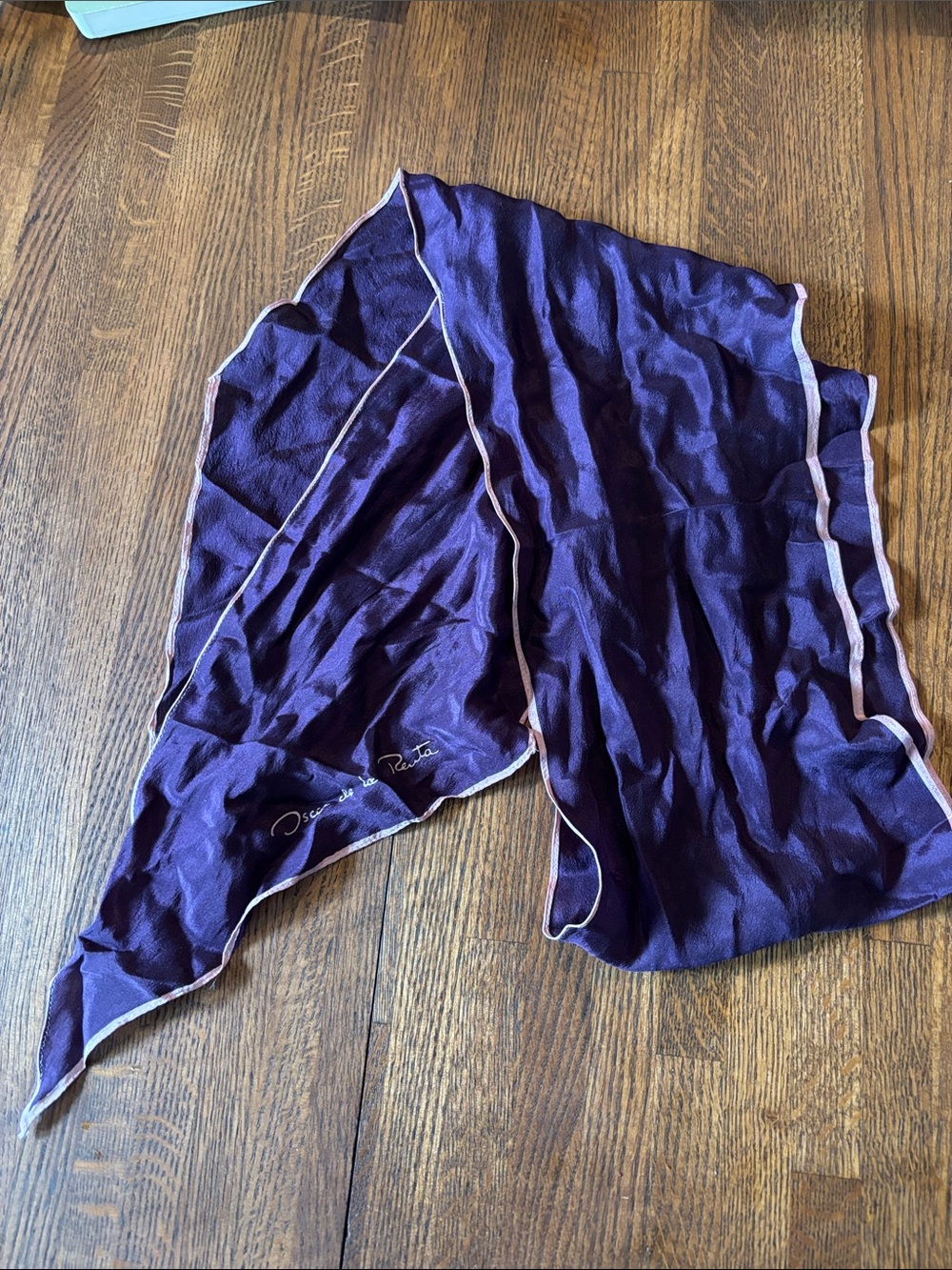 Oscar de la Renta Deep Purple Silk Scarf with Pale Pink Edge
